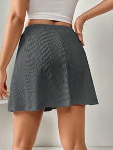 SHEIN Essnce 女款夏季休閒百搭極簡純色紋理面料抽繩腰褲裙 - 深灰色 - 查看 2