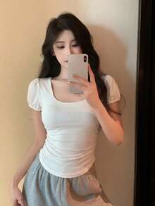 DAZY 女款方領休閒純色修身T恤 夏季 - 白色 - 查看 2