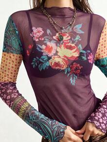 Bohemela 女款花卉印花休閒波希米亞風百搭日常外出長袖上衣 紫色花卉 秋季 - 紫色 - 查看 6