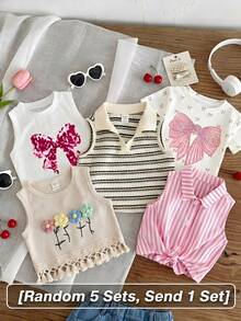 SHEIN LMoss Kids 少女純色草莓圖案無袖針織背心上衣，適合度假、外出、派對及其他場合 - 杏色 - 查看 4