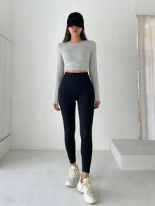 DAZY Solid Color High Waisted Leggings Fall Tights - Black - View 10