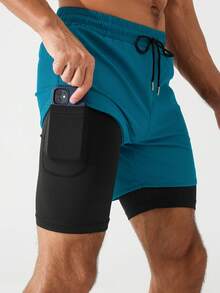 Gym Rark Manfinity Fitness Short de sport 2 en 1 pour homme avec taille à cordon, extensible, avec poche pour téléphone, short de gym, short court pour homme, short de basket-ball pour homme, gel désinfectant, école - Bleu canard - Voir 5