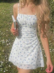 SHEIN Tween Girl Spring/Summer Spaghetti Strap High Waist Pleated Floral Print Dress - Blue - View 2