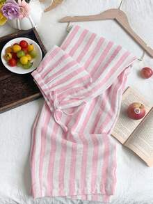 SHEIN EZwear Pink White Striped Drawstring Waist Casual Cute Pants, Plus Size Vacation Summer - Pink - View 3
