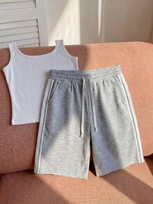 Comfortcana Women's Plus Size Elastic Waist Drawstring Side Stripe Grey Shorts - Grey - View 4