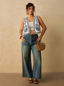 Travachic Plus Size Women's Printed Open Front Casual Bohemian Vintage 1920s Tank Top Blouse Ruffle Party Brunch Vacation Formal Blue And White Summer - Blue and White - View 2