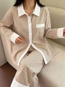 DAZY 2pcs/Set Conjunto de Pijama para Mujer Estilo Camisa con Tela de Bloques de Color, Patchwork y Rayas para Primavera - Caqui - Ver 7
