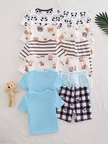 [6 Sets Randomly Send 2 Sets]Spring/Summer Young Boy Toddler Round Neck Knit Kangaroo Bear Popular Fun Pattern Digital Print Short Sleeve Shorts 2 Sets 4 Pieces Combination Casual Set Tight Pajamas Homewear - Multicolor - View 2