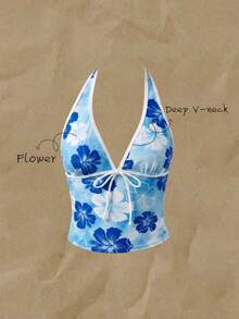 Elavelle Women's Random Print Spaghetti Strap Bow Tie Camisole Bikini Top, Spring/Summer - Multicolor - View 3