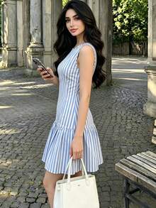 Modelyn 女款梭織直條紋修身無袖浪漫優雅短洋裝，適合外出度假約會，迷人風格 - 藍色 - 查看 5