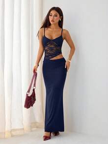 SHEIN PETITE 女款細肩帶露背魚尾下擺貼身洋裝 - 藏蓝色 - 查看 5