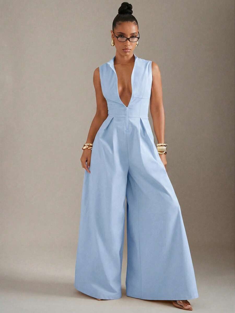 Hauture Extreme Wide Leg Zip Front Sleeveless Jumpsuit - Blue - View 1