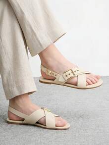 CUCCOO BIZCHIC Ladies Casual Fashion Vacation Buckle Crossstrap Open-Toe Solid Color Flat Sandals Summer - Apricot - View 3
