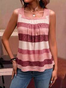 EMERY ROSE Holiday Casual Color Block Striped Tank Top Graphic Tees Women Tops - Pink - View 5