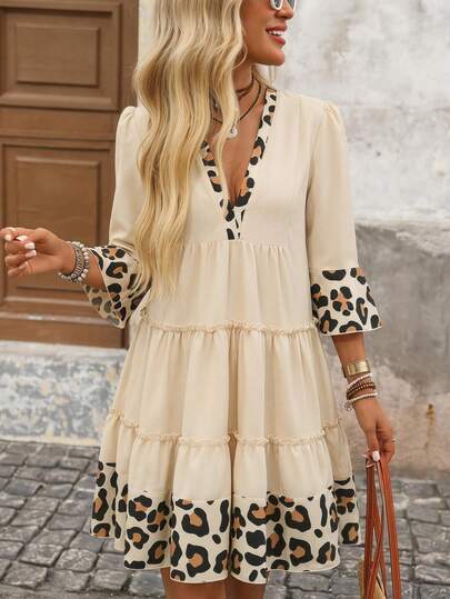 Brillora Women's Beige Leopard Patchwork V Neck 3/4 Flare Sleeve Tiered Ruffle Mini Dress For Vacation, Casual Tropical Boho Beach Vacation Outfits Autumn