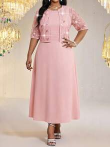 Fleurora Conjunto elegante de duas peças para mulheres plus size: cardigã de manga curta em tule com lantejoulas e mangas compridas. - Rosa - Ver 5