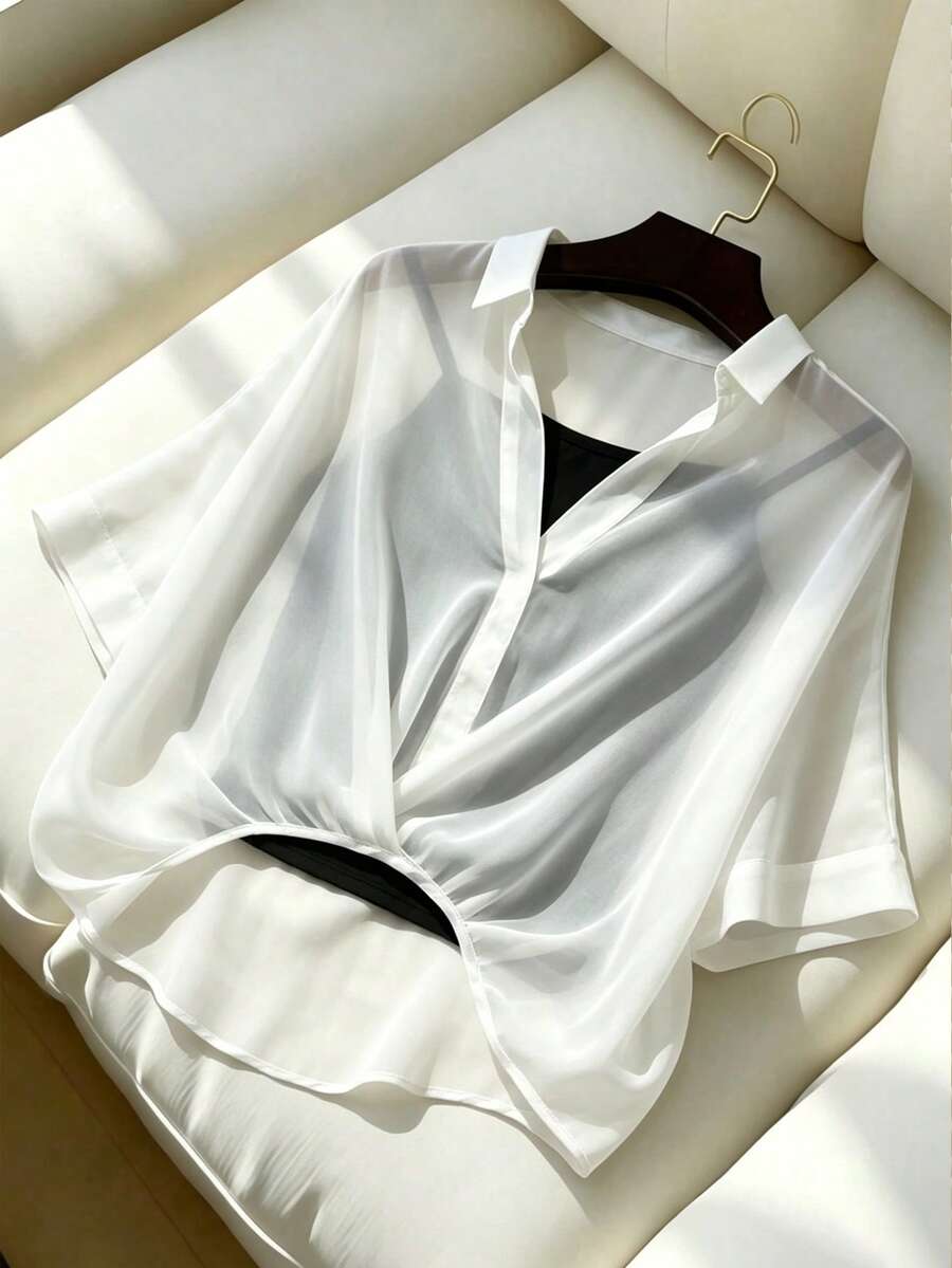 Franclia Women's Contrast Color Button Front Sheer Casual Shirt - White - View 1