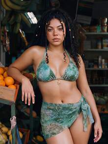 Swim Vcay 2026 Ny sommarstrandsemester 3-delat set för kvinnor, flerfärgat bikini set med halterneck, mönster och knytning, plus size baddräktset - Multifärgad - Visa 2