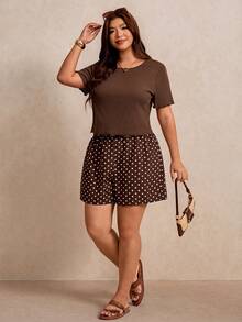 Elaquor Women's Plus Size Solid Color Round Neck Top And Geometric Pattern Shorts Set - Coffee Brown - View 4