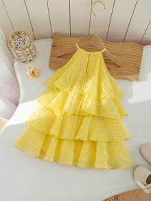 Babygirl Cute Elegant Yellow Ruffle Floral Sleeveless Dress - Yellow - View 2