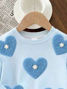 1 Set Tween Girls Spring And Summer Clothes Casual Comfortable Fashion Sweet Cute Heart Pattern Casual Style Short Sleeve T-Shirt And Shorts Set Light Blue T-Shirt Set Suitable For Outings, Casual, Vacation And Other Occasions Not Only Easy To Wear But Also Excellent Performance Summer New Round Neck Loose Set, Let Children Be The Most Eye-Catching Little Ones In Spring And Summer - Multicolor - View 3