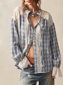 Bohemela Spring/Summer|Women's Casual Woven Vintage Plaid Lace Patchwork Shirt|Daily/Beach/Vacation/Festival/Party|Western|4th Of July|Country Concert|Juneteen - Blue - View 4