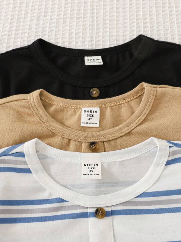 SHEIN 3pcs/Set Kids Clothes Young Boy Casual Comfortable Style Knit Solid Color Striped Round Neck Long Sleeve T-Shirt Multi-Pack 3 Colors Each 1pc Suitable For Home Leisure Outings Street Photography Play 2pcs/Set