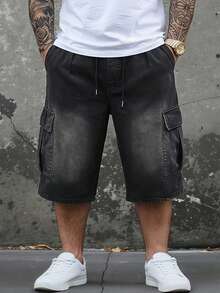 DAZY Celana Pendek Denim Pria Ukuran Besar Warna Hitam dengan Detail Saku dan Efek Lusuh, Cocok untuk Musim Gugur - Hitam - View 4