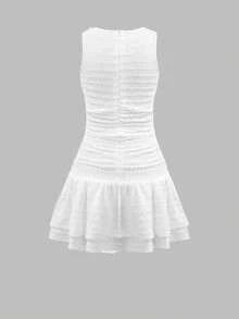 SHEIN Girlism 少女白色纯色针织纹理休闲优雅法式荷叶边3D立体花朵装饰褶皱不对称圆领无袖修身短连衣裙，公主裙，新年派对，春季郊游，日常穿着，女童白色连衣裙，母女套装，婚礼季，花童，聚会 - 白色 - 查看 2