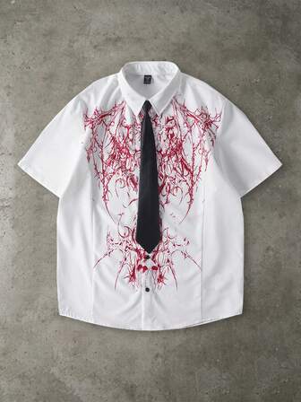 Camicia da uomo a maniche corte con stampa gotica e cravatta