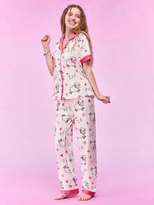 Notgurli Women's Lapel Trimmed Loungewear Set Sleep White And Pink Summer Cute - Multicolor - View 3