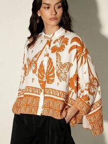 Aveloria Modichic Commuter Elegant Retro Color Block Positioned Print Square Scarf Sleeve Hem Design Long Sleeve Loose Women's Vacation Style Shirt - Multicolor - View 1