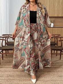 SHEIN CURVE+ Curve 尺码 US22 音乐节、海滨度假、波西米亚风印花两件套外套和裤子，度假沙滩装 - 彩色 - 查看 11