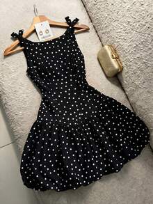SHEIN Franclia 女士黑白波点迷你连衣裙，无袖系肩蝴蝶结连衣裙，方领修身A字荷叶边短款连衣裙，休闲夏季可爱派对连衣裙 - 彩色 - 查看 1