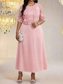 Fleurora Conjunto elegante de duas peças para mulheres plus size: cardigã de manga curta em tule com lantejoulas e mangas compridas. - Rosa - Ver 8