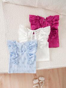 SHEIN Playful Pals 3件組彩色愛心條紋印花荷葉邊圓領套頭T恤上衣，舒適柔軟休閒可愛春夏季新款 - 彩色 - 查看 2