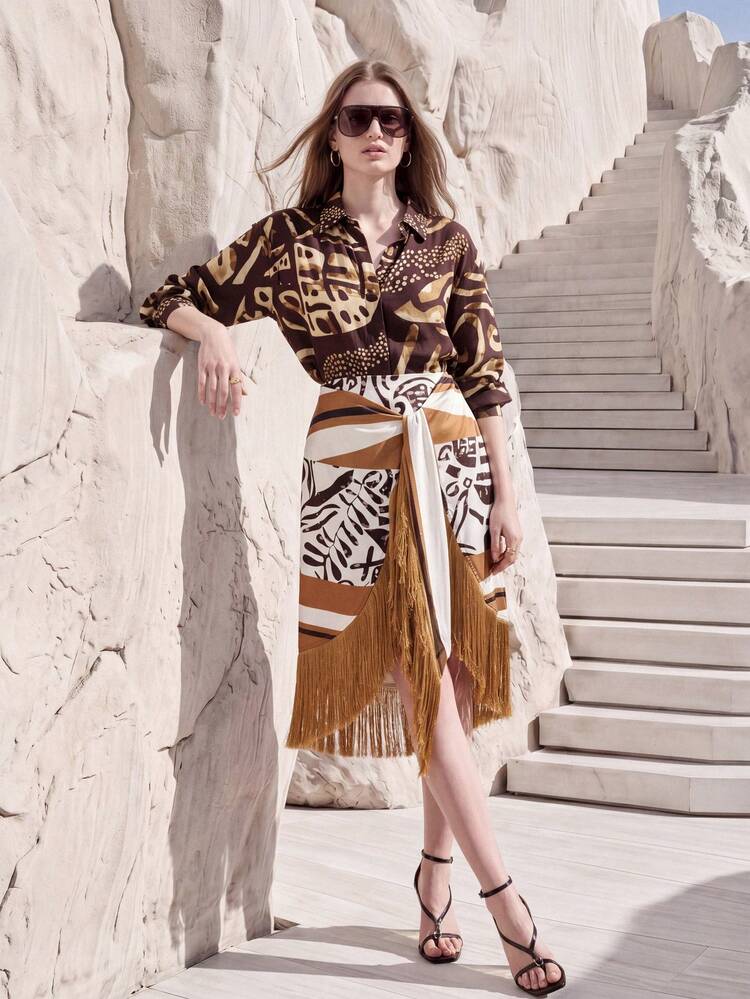 WOMEN'S PRINTED TASSEL HEM MIDI SKIRT, SPRING/SUMMER