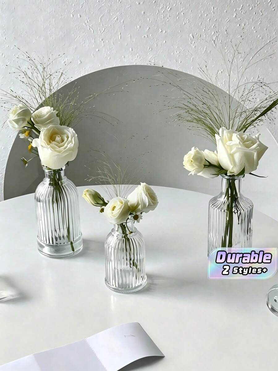 1/6Pcs Small Clear Glass Bud Vase, Mini Ribbed Decorative Bottle, Ideal For Single Flower, Dried Floral, Wedding Favors & Tabletop Home Decor - Roman Columns - View 1