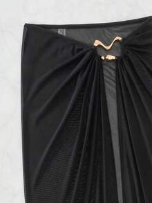 SHEIN Swim Curve 大尺碼女款透視熱帶半透明度假沙灘裙 黑色夏季性感 - 黑色 - 查看 4