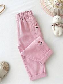 LMoss Kids Celana Panjang Longgar Model Meruncing Motif Bordir Bunga Denim Khaki untuk Bayi Perempuan - Berwarna merah muda - View 4