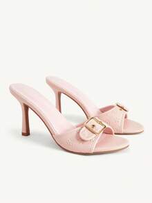 CUCCOO CHICEST 女款粉色壓紋PU金扣設計時尚性感氣質圓頭高跟拖鞋 - 粉色PU - 查看 1