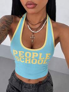 valorelle valorelle Pastal Striped Summer Y2k Sexy Gym Golf Back-To-School Halter Neck Camisole, Letter Print Contrast Color Cropped Tank Top, Slim Fit - Blue - View 3