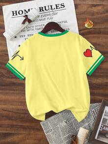 Tween Girls Spring And Summer Clothes, Casual Fashion Creative Yellow Base Green Trim Patchwork Style Red Strawberry Letter Slogan Print Summer Casual Style Basic Short T-Shirt Suitable For Spring, Summer, Autumn Girls Daily Wear, Tops - Multicolor - View 2