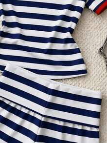 Conjunto de 2 piezas para adolescentes: Suéter de cuello redondo de punto gris sólido + Shorts grises, Conjunto básico casual y deportivo para el verano - Multicolor - Ver 3