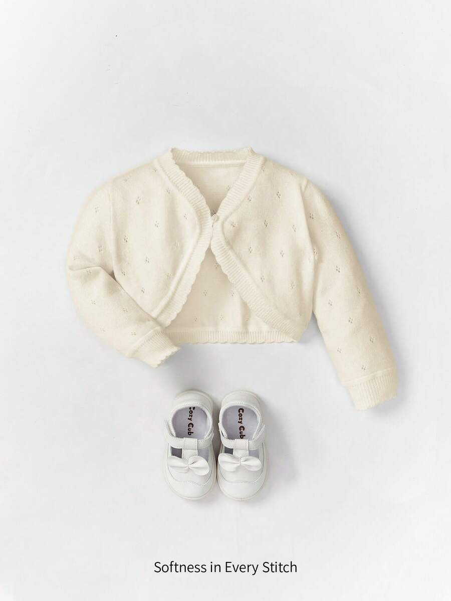 SHEIN Áo len cardigan nhẹ màu trắng cho trẻ sơ sinh có viền trang trí - Màu be - Xem 1