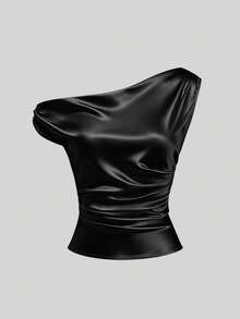 Sweetra Spring/Summer New Women's French Off-Shoulder Fitted Pleated Satin Pink Blouse, Suitable For Casual Wear, Parties And Evening Events - Black - View 3