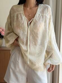 Livesso 春夏設計花瓣袖拼接雪紡上衣 婚禮休閒度假海灘優雅通勤長袖女款襯衫 - 米色 - 查看 5