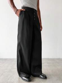 STYNVO Men's Solid Color Button Front Casual Straight Leg Pants - Black - View 4