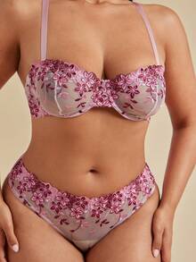 SHEIN BAE CURVE 加大码 2 件套性感刺绣文胸和内裤内衣套装，女士适用，提拉型 - 粉色 - 查看 7