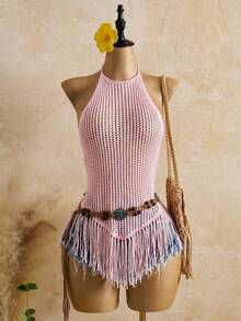 Bellisia 26SS Pink Halter Backless Sexy Boho Tropical Mature Mini Dress With Shell Tassel Suitable For Beach Vacation Summer - Pink - View 5